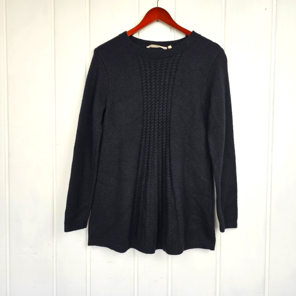 Soft Surroundings Small Black Crew Neck Ribbed Cable Knit Wool Blend Sweater